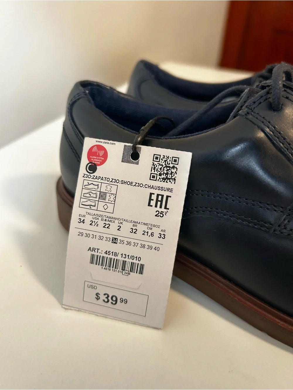 Zara Navy Leather Kids Lace-Up Dress Shoes with Brown Sole